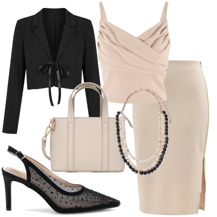 Outfit donna - Chic. Stile Chic per Serata fuori. Abbinamento con borse a tracolla, top, gonne longuette, bolero, collane, décolleté.