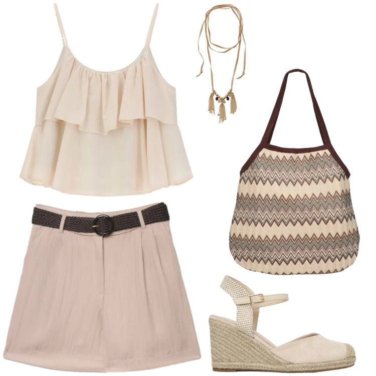 Outfit donna - Pantaloncini ideale per il tempo libero. Stile Trendy per Tutti i giorni. Abbinamento con zeppe, bermuda, borse tote, top, collane.