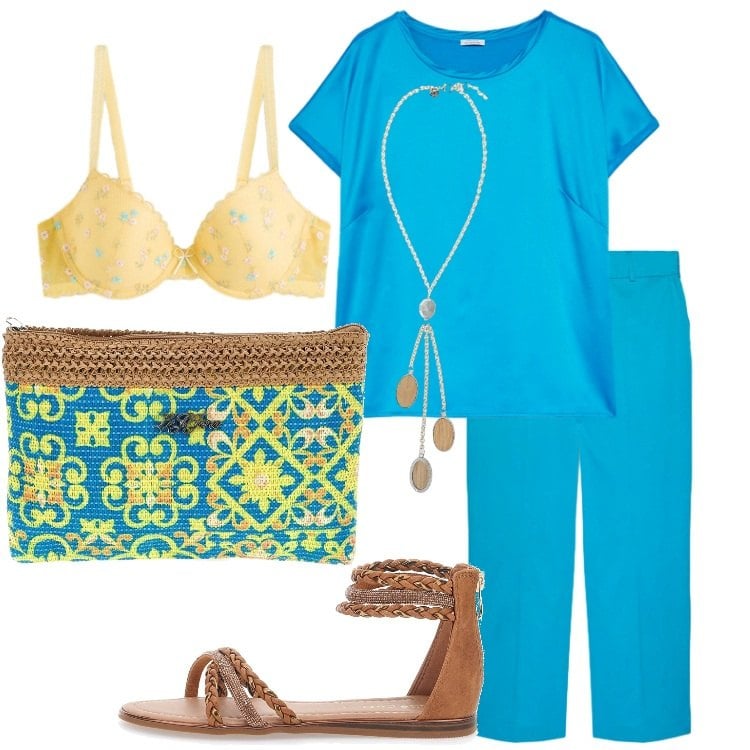Outfit donna - Estate a colori pieni Donna Curvy. Stile Basic per Tutti i giorni. Abbinamento con reggiseni, collane, pantaloni, t-shirt, sandali, pochette.