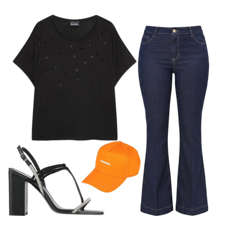 Outfit donna - Agosto curvy. Stile Sporty chic per Serata fuori. Abbinamento con infradito, cappelli con visiera, jeans a zampa, t-shirt.
