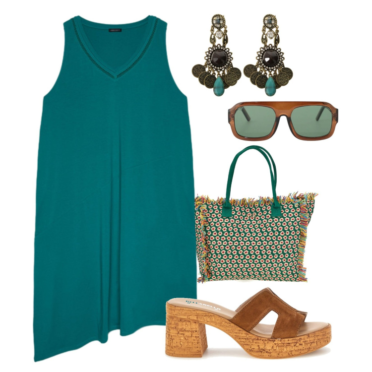 Outfit donna - Colori Intensi. Stile Casual per Mare. Abbinamento con occhiali da sole, orecchini, vestiti asimmetrici, sandali in pelle, shopping bag.