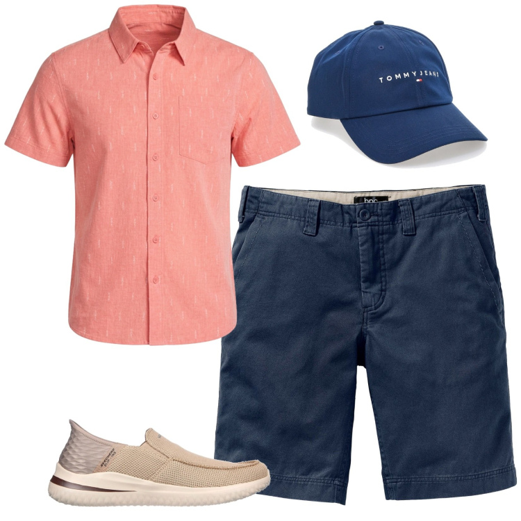 Outfit uomo - Peach & blu summer. Stile Casual per Tutti i giorni. Abbinamento con bermuda, sneakers, cappelli con visiera, camicie a manica corta.