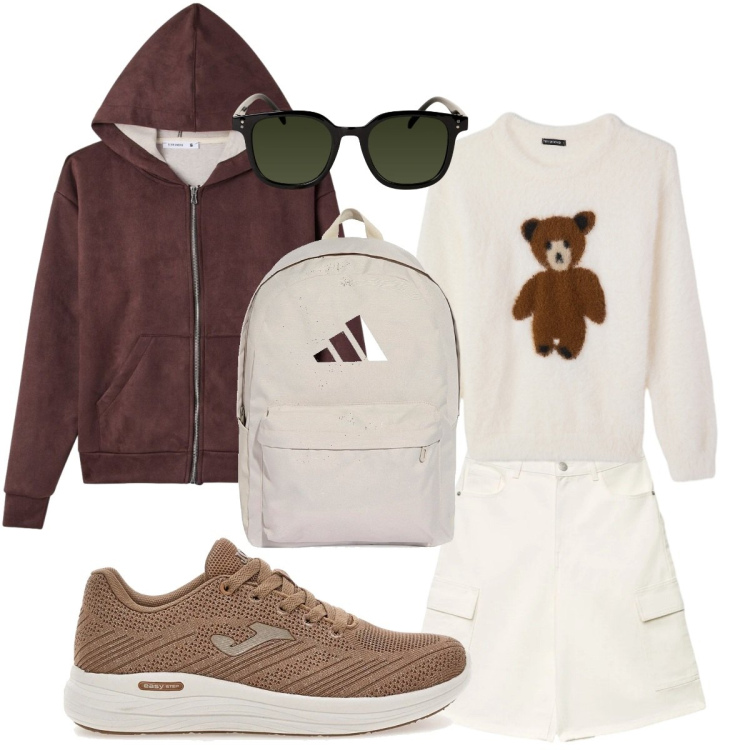 Outfit donna - Passeggiata in montagna. Stile Basic per Tutti i giorni. Abbinamento con felpe con cappuccio, pantaloni corti, pullovers, occhiali da sole, zaini, scarpe sportive.