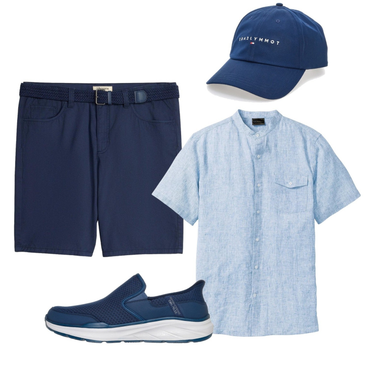 Outfit uomo - Blue vibes. Stile Casual per Tutti i giorni. Abbinamento con camicie a manica corta, bermuda, cappelli con visiera, sneakers.