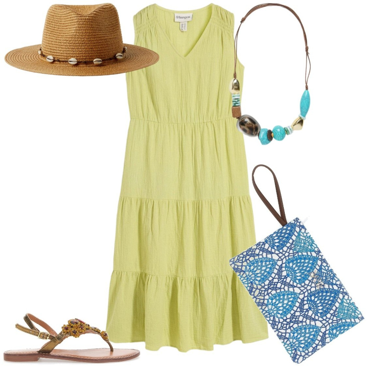 Outfit donna - Lime green. Stile Basic per Tutti i giorni. Abbinamento con vestiti midi/longuette, cappelli, collane, sandali gioiello, pochette.