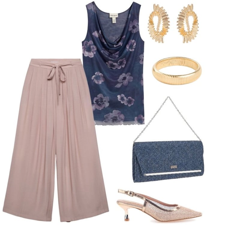 Outfit donna - Clutch Elegante color denim. Stile Casual chic per Tutti i giorni. Abbinamento con top, braccialetti, pantaloni, orecchini, décolleté, clutch.