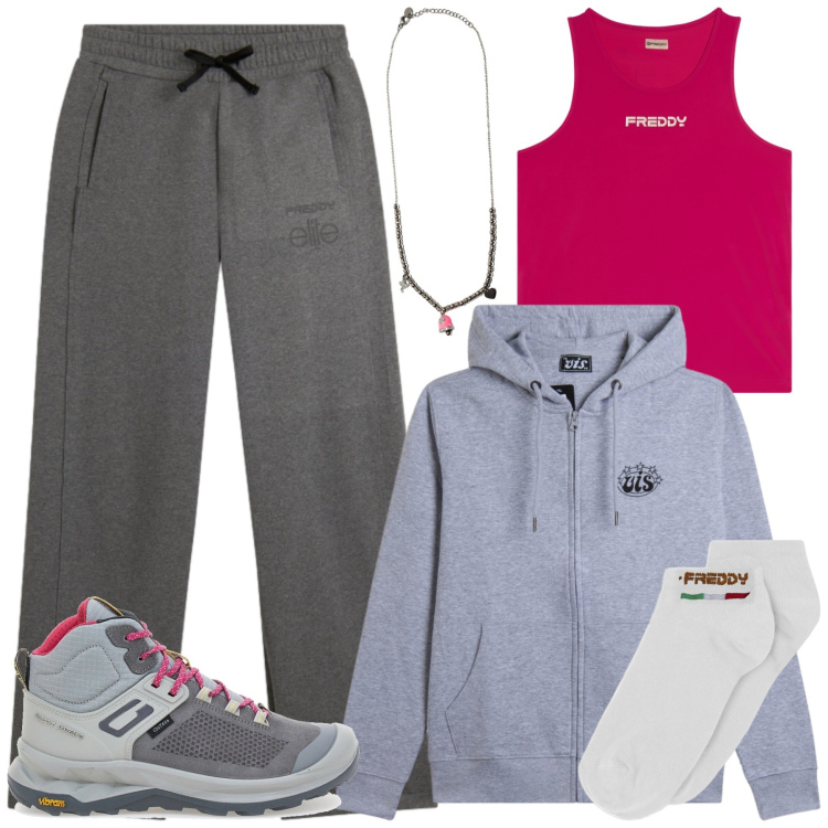 Outfit donna - Total look #2448849. Stile Sporty chic per Sport. Abbinamento con canottiere, felpe sportive, pantaloni sportivi, ciondoli, calzini, scarpe sportive.