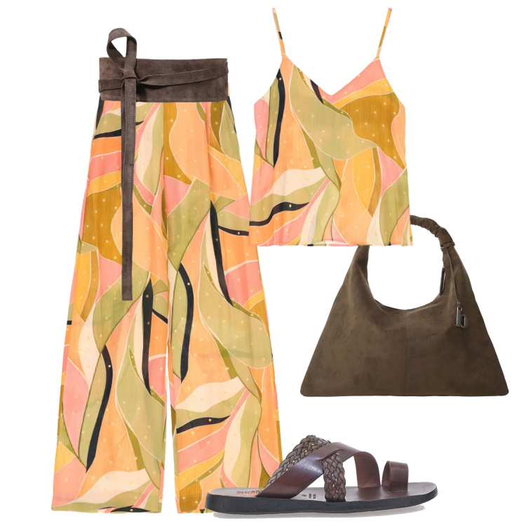 Outfit donna - Urbana multicolore - @star67. Stile Urban per Tutti i giorni. Abbinamento con cinture, borse a spalla, top, pantaloni a palazzo, ciabatte.