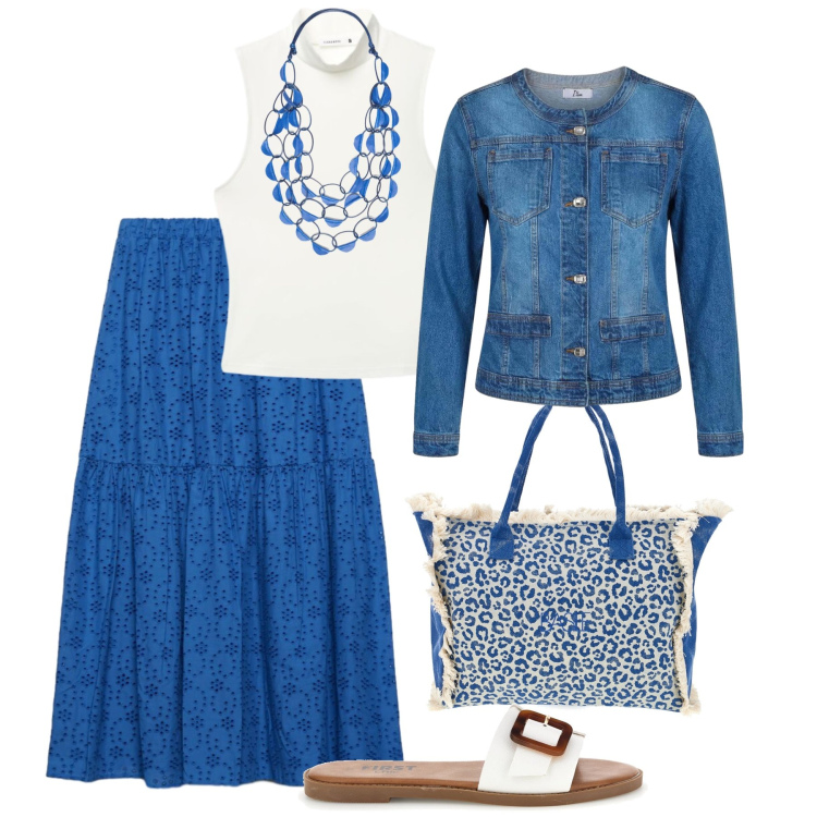 Outfit donna - Blu mare e bianco - @susystyle. Stile Trendy per Tutti i giorni. Abbinamento con gonne lunghe, top, blazer, collane, shopping bag, ciabatte.