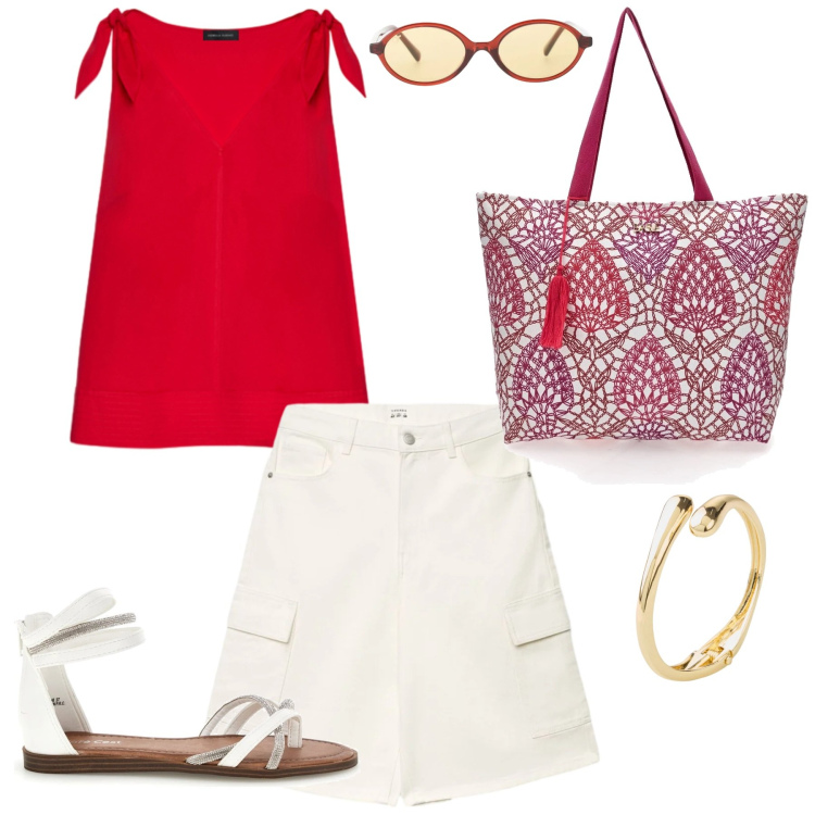 Outfit donna - In vacanza. Stile Casual chic per Tutti i giorni. Abbinamento con braccialetti, pantaloni corti, occhiali da sole, top, shopping bag, sandali.