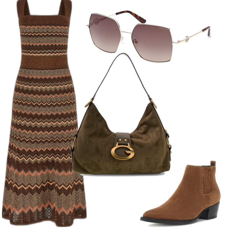 Outfit mujer - Boho #1288. Estilo Boho para Todos los días. Combinación con vestidos midi/longuettes, gafas de sol, botas, bolsos de hombro.