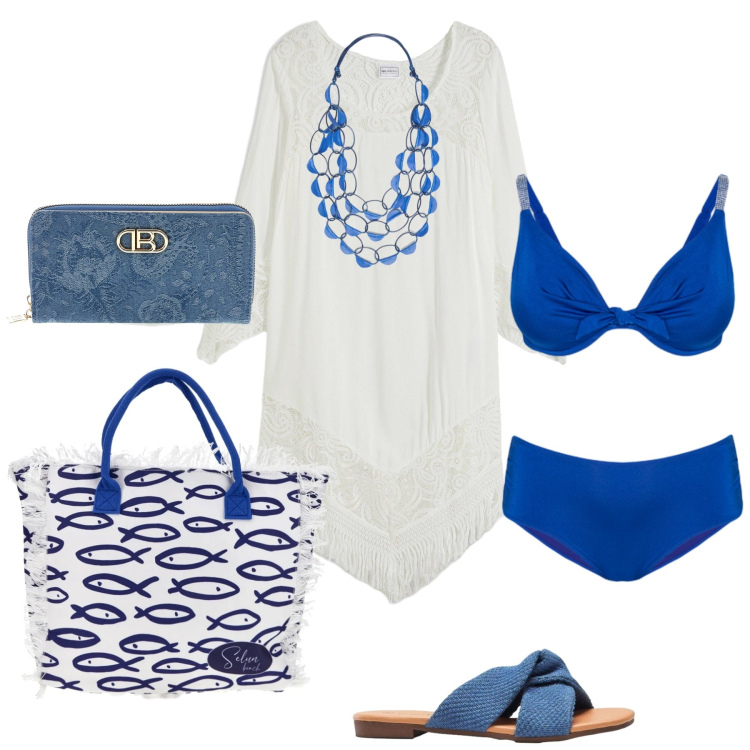 Outfit donna - Vacanze d\'agosto. Stile Trendy per Mare. Abbinamento con ciabatte, vestiti da spiaggia, collane, bikini, shopping bag, portafogli.