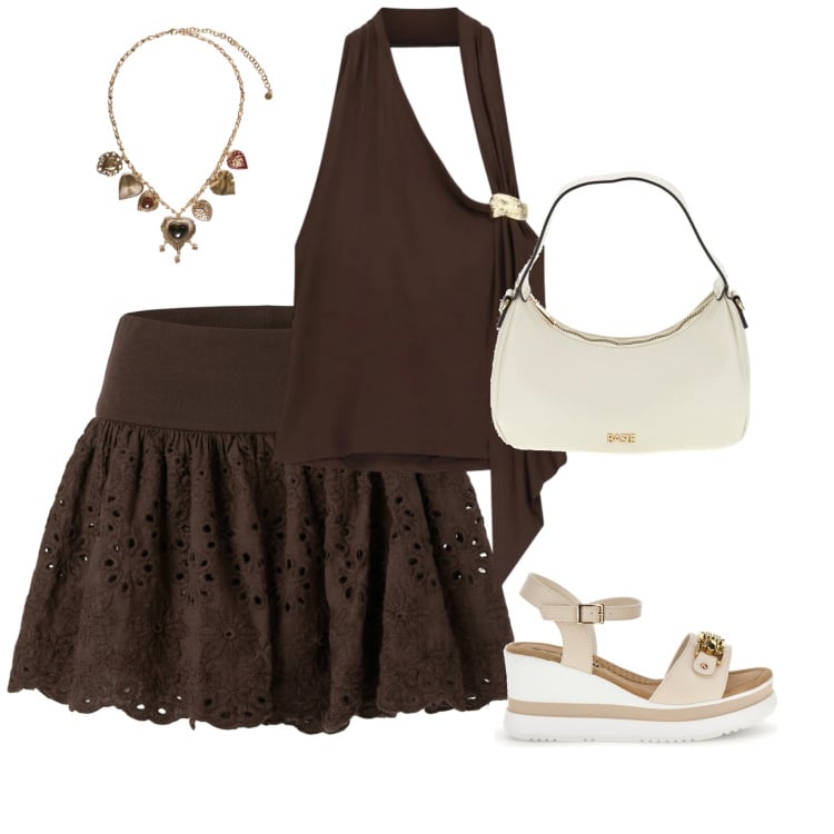 Outfit donna - Total look #2448866. Stile Glamour per Serata fuori. Abbinamento con minigonne, top, collane, borse a tracolla, zeppe.