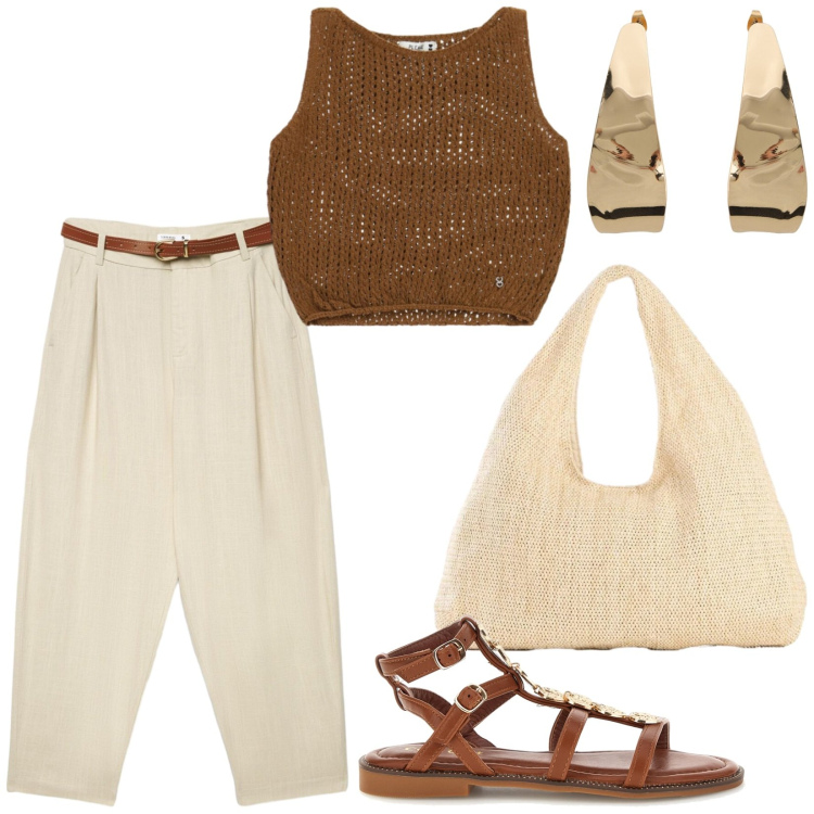 Outfit donna - L\'estate in città. Stile Etnico per Tutti i giorni. Abbinamento con shopping bag, pantaloni chino, top, orecchini, sandali.