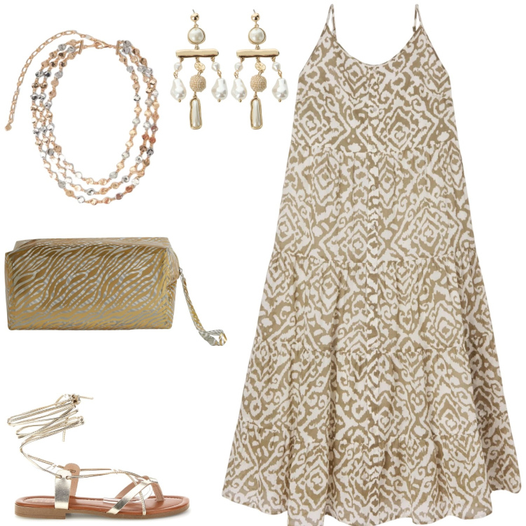 Outfit donna - Il maxi-dress. Stile Chic per Serata fuori. Abbinamento con valigie, vestiti lunghi, orecchini, collane, sandali alla schiava.