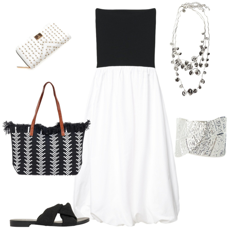 Outfit donna - Maxi per agosto. Stile Chic per Serata fuori. Abbinamento con sandali, vestiti midi/longuette, braccialetti, collane, borse tote, portafogli.