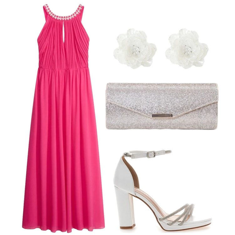 Outfit donna - Cerimonia in agosto. Stile Romantica per Cerimonia. Abbinamento con vestiti lunghi, orecchini, clutch, sandali col tacco.
