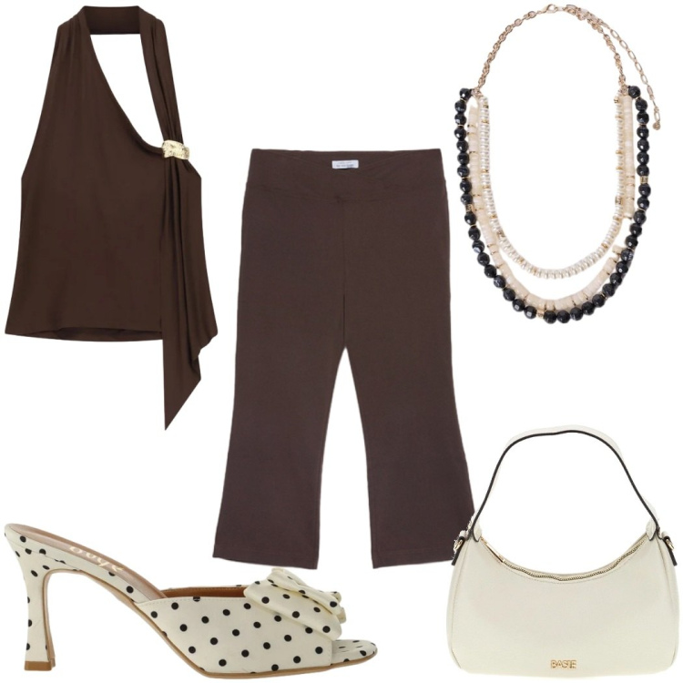 Outfit donna - Total look #2448876. Stile Trendy per Serata fuori. Abbinamento con top, sandali col tacco, pantaloni, collane, borse a tracolla.