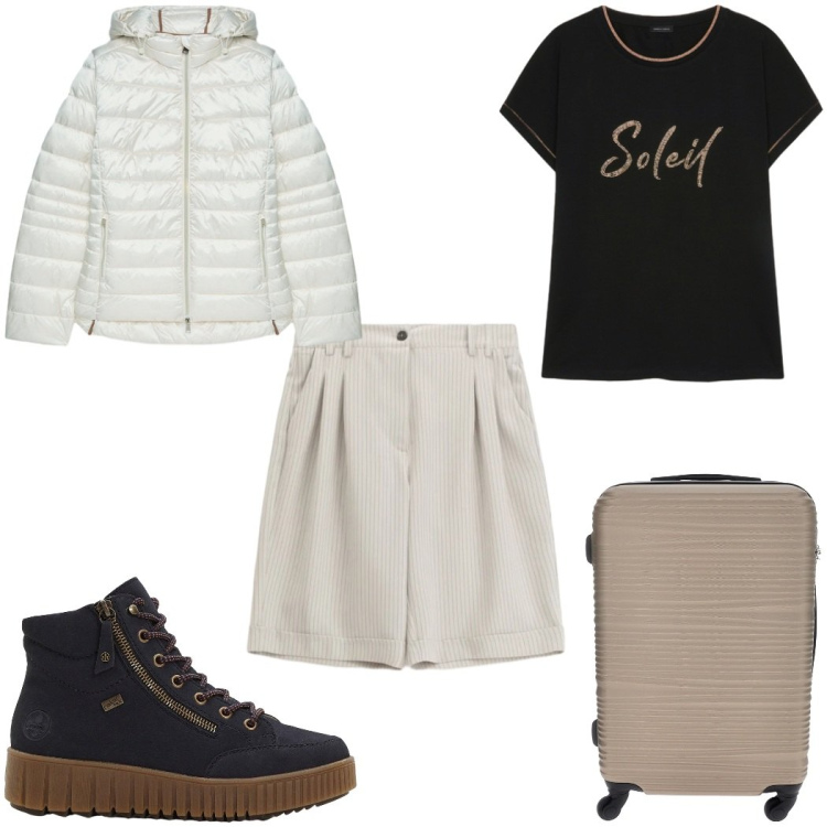 Outfit donna - Total look #2448877. Stile Trendy per Tutti i giorni. Abbinamento con sneakers alte, bermuda, piumini, t-shirt, valigie.