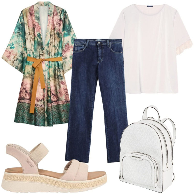 Outfit donna - Total look #2448879. Stile Trendy per Tutti i giorni. Abbinamento con zaini, sandali, jeans dritti, kimono, t-shirt.