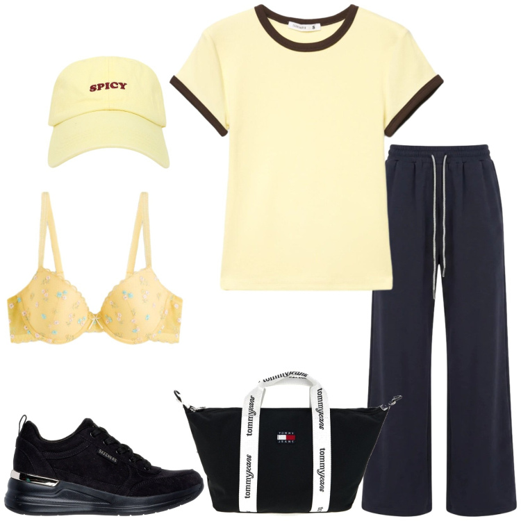 Outfit donna - Total look #2448880. Stile Sporty chic per Tutti i giorni. Abbinamento con reggiseni, t-shirt, cappelli con visiera, pantaloni a palazzo, sneakers, shopping bag.