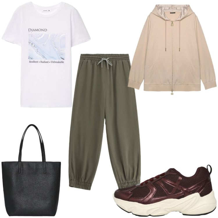 Outfit donna - Total look #2448881. Stile Basic per Sport. Abbinamento con sneakers, borse tote, t-shirt, pantaloni, felpe con cappuccio.