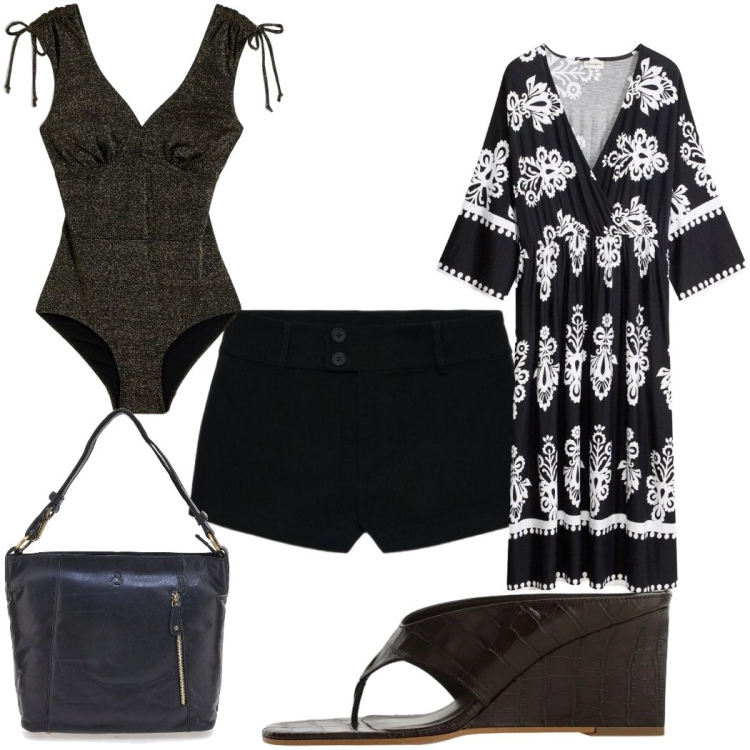 Outfit donna - Total look #2448884. Stile Etnico per Mare. Abbinamento con costumi interi, vestiti, shorts, sandali col tacco, borse a spalla.
