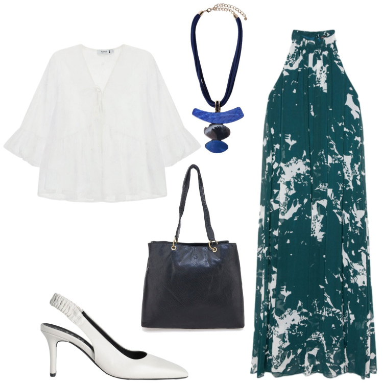 Outfit donna - Total look #2448886. Stile Chic per Serata fuori. Abbinamento con décolleté, bluse, vestiti lunghi, ciondoli, shopping bag.