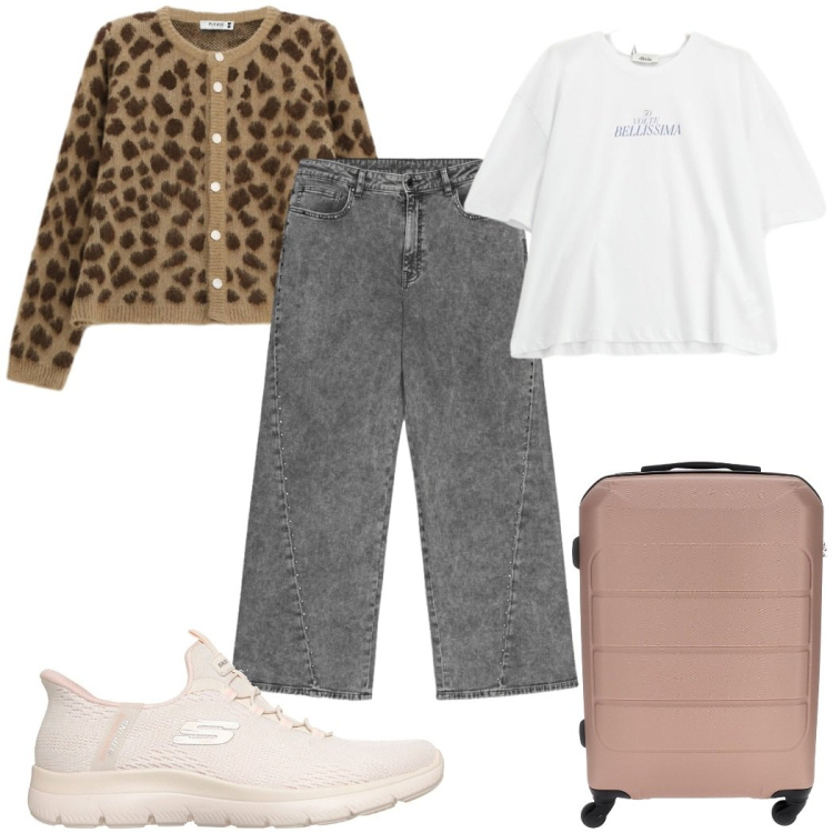 Outfit donna - Total look #2448891. Stile Casual per Tutti i giorni. Abbinamento con jeans, cardigans, t-shirt, sneakers, valigie.