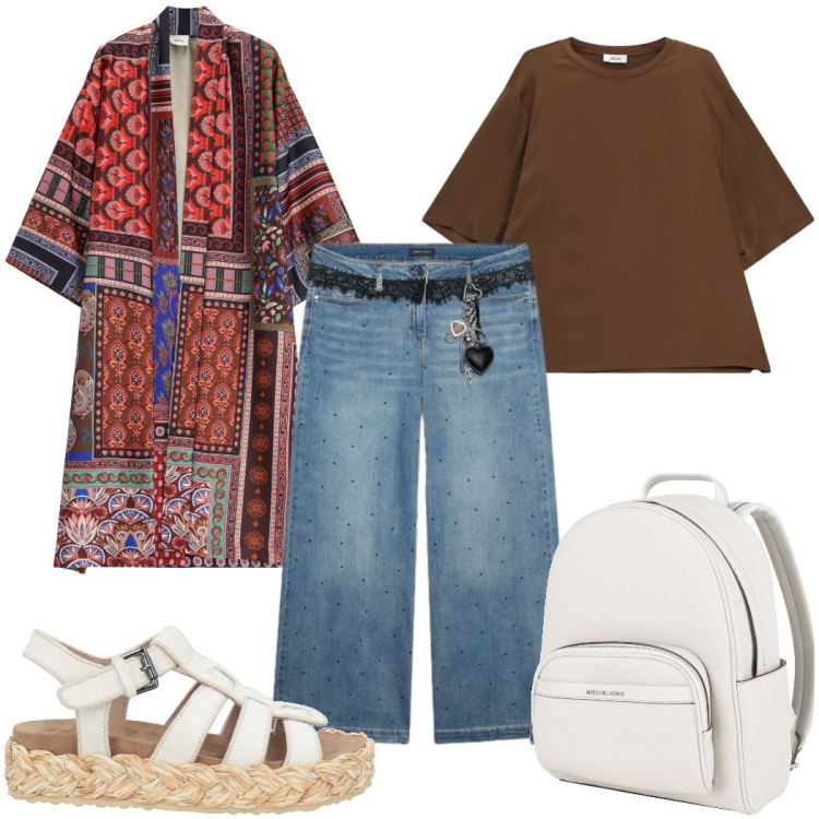 Outfit donna - Total look #2448892. Stile Etnico per Tutti i giorni. Abbinamento con espadrillas, zaini, t-shirt, kimono, jeans.