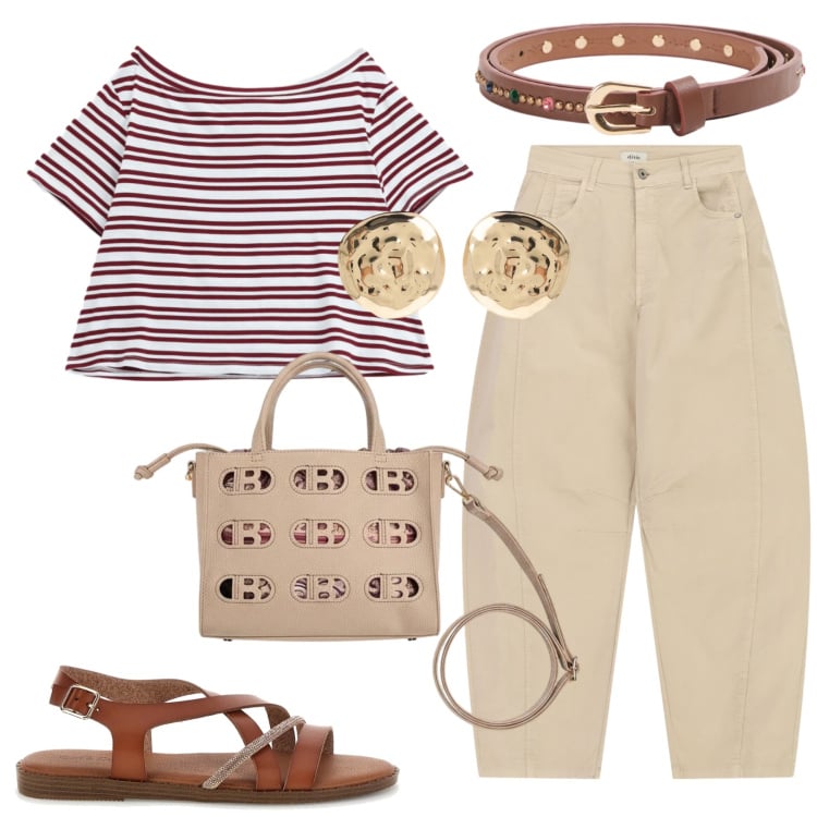 Outfit donna - Total look #2448896. Stile Casual chic per Tutti i giorni. Abbinamento con cinture, t-shirt, orecchini, pantaloni, sandali, borse a mano.