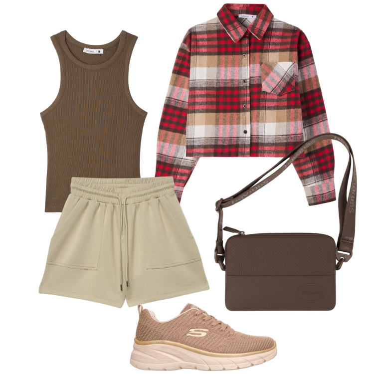 Outfit donna - Colazione in baita. Stile Casual per Tutti i giorni. Abbinamento con camicie, canottiere, bermuda, scarpe sportive, clutch.