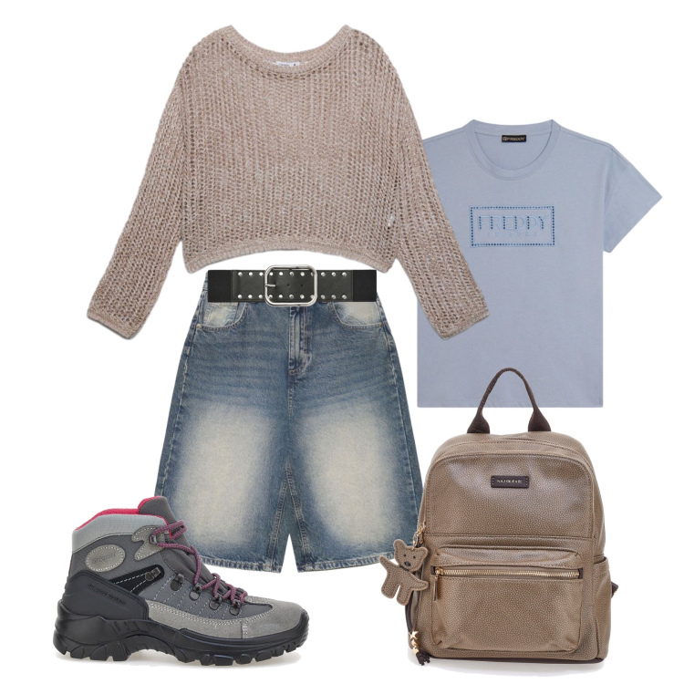 Outfit donna - Alpine Altitude. Stile Casual per Tutti i giorni. Abbinamento con pantaloni corti, maglieria, cinture, t-shirt, zaini, scarpe sportive.