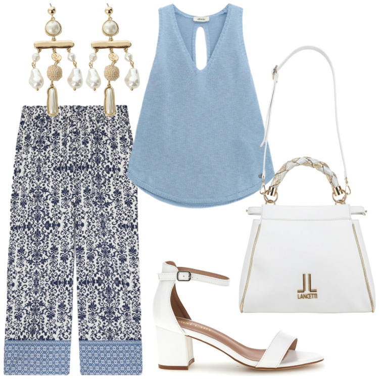 Outfit donna - Aperitivo fronte mare. Stile Casual chic per Serata fuori. Abbinamento con top, orecchini, pantaloni, sandali col tacco, borse a tracolla.