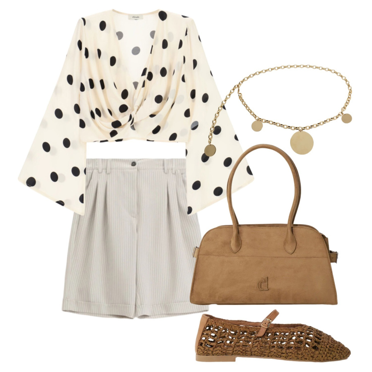 Outfit donna - Agosto. Stile Bon Ton per Tutti i giorni. Abbinamento con bermuda, top, borse a spalla, cinture, ballerine.