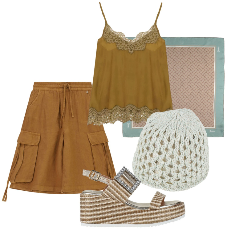 Outfit donna - Agosto. Stile Trendy per Tutti i giorni. Abbinamento con sciarpe, cappelli, sandali in pelle, bermuda, top.