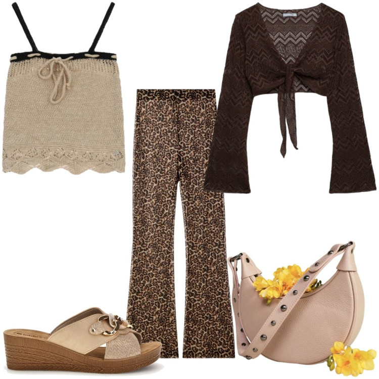 Outfit donna - Total look #2448911. Stile Etnico per Tutti i giorni. Abbinamento con pantaloni, top, maglieria, borse a spalla, ciabatte.