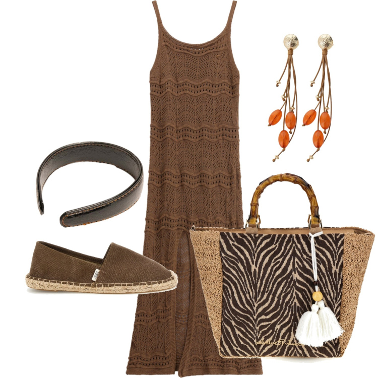 Outfit donna - Agosto. Stile Trendy per Tutti i giorni. Abbinamento con vestiti lunghi, orecchini, cerchietti, borse a mano, espadrillas.