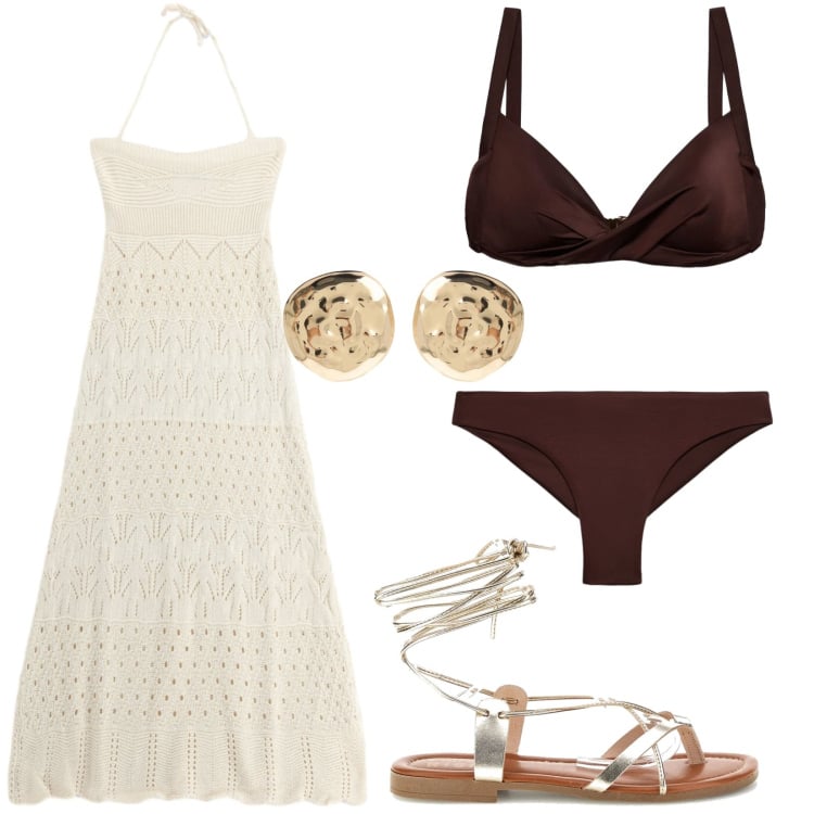 Outfit donna - Vacanza in Kenya. Stile Etnico per Mare. Abbinamento con bikini, bikini, vestiti midi/longuette, orecchini, sandali alla schiava.