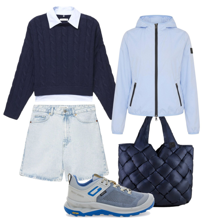 Outfit donna - Montagna con stile. Stile Casual per Tutti i giorni. Abbinamento con bermuda, maglieria, borse tote, blazer, scarpe sportive.