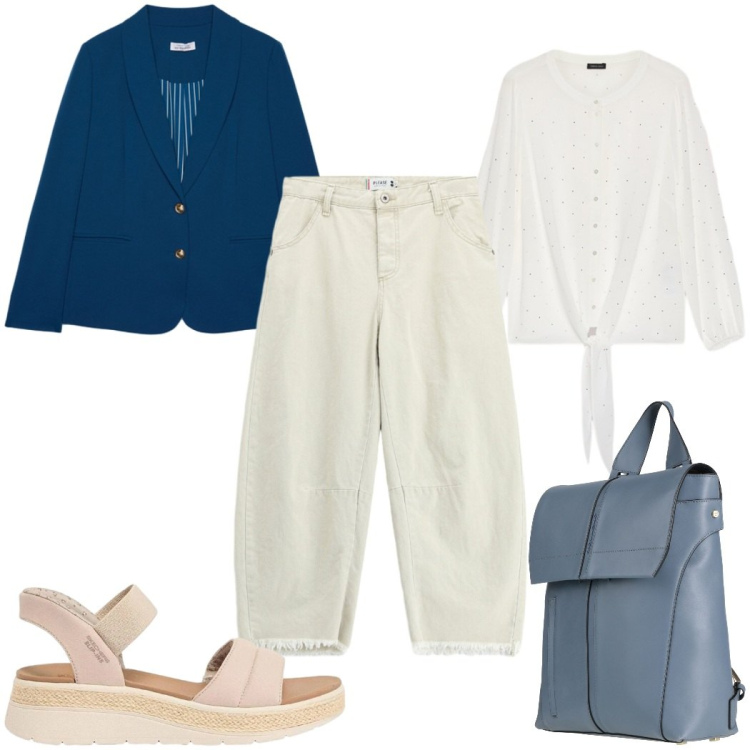 Outfit donna - Total look #2448917. Stile Trendy per Tutti i giorni. Abbinamento con zaini, sandali, jeans dritti, camicie, blazer.
