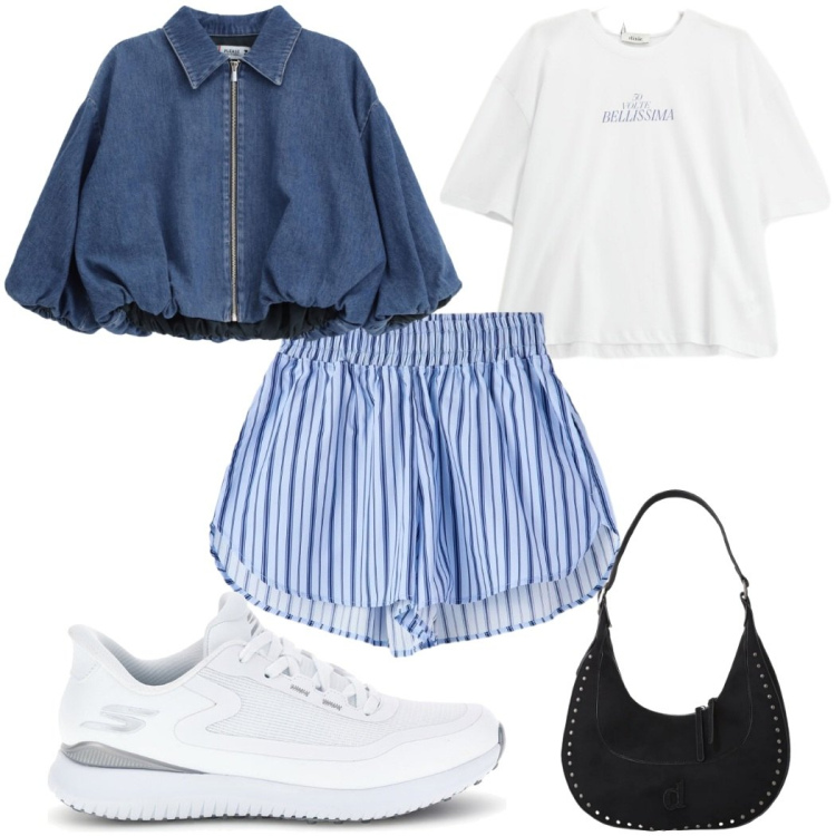 Outfit donna - Total look #2448918. Stile Trendy per Tutti i giorni. Abbinamento con shorts, blazer, t-shirt, borse a spalla, sneakers.