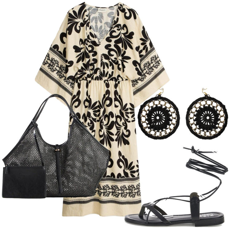 Outfit donna - Vacanza in Grecia. Stile Etnico per Mare. Abbinamento con vestiti midi/longuette, shopping bag, orecchini, sandali alla schiava.