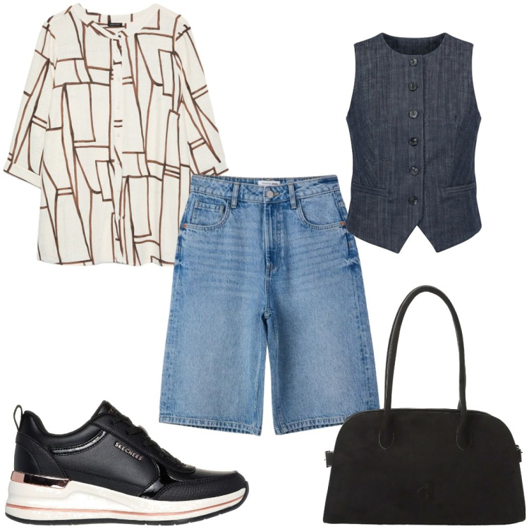 Outfit donna - Total look #2448923. Stile Trendy per Tutti i giorni. Abbinamento con bermuda, borse a spalla, gilet, bluse, sneakers.