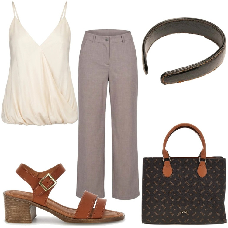Outfit donna - Total look #2448924. Stile Minimal per Ufficio. Abbinamento con pantaloni, cerchietti, top, borse a mano, sandali col tacco.
