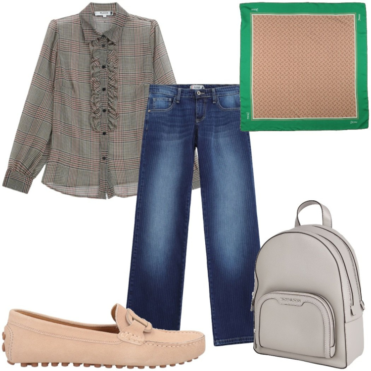 Outfit donna - Total look #2448926. Stile Trendy per Ufficio. Abbinamento con mocassini, zaini, sciarpe, camicie, jeans dritti.