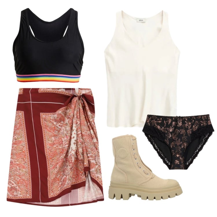 Outfit donna - Ufficio agosto. Stile Basic per Ufficio. Abbinamento con stivaletti, reggiseni, culotte, canottiere, minigonne.