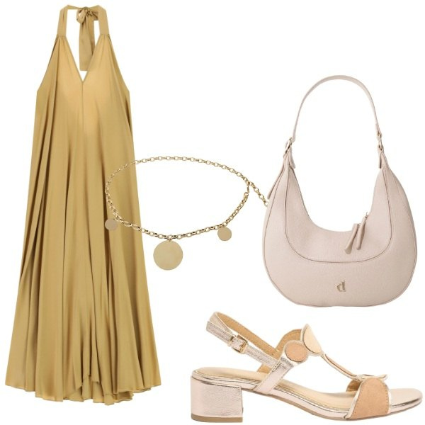 Outfit donna - Serata tra amici. Stile Casual chic per Tutti i giorni. Abbinamento con sandali col tacco, borse a tracolla, cinture, vestiti lunghi.