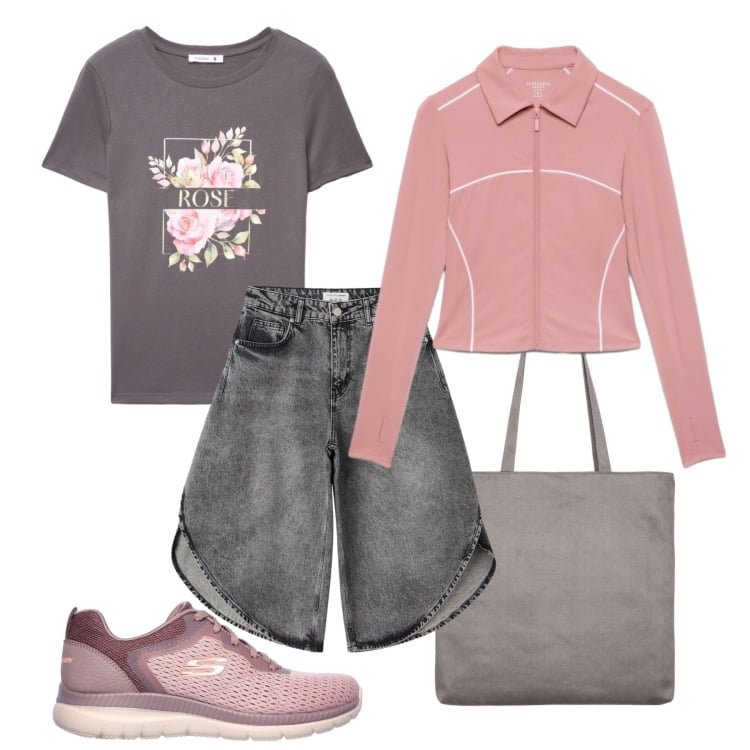 Outfit donna - Relax montano. Stile Casual per Tutti i giorni. Abbinamento con pantaloni corti, t-shirt, shopping bag, felpe sportive, scarpe sportive.