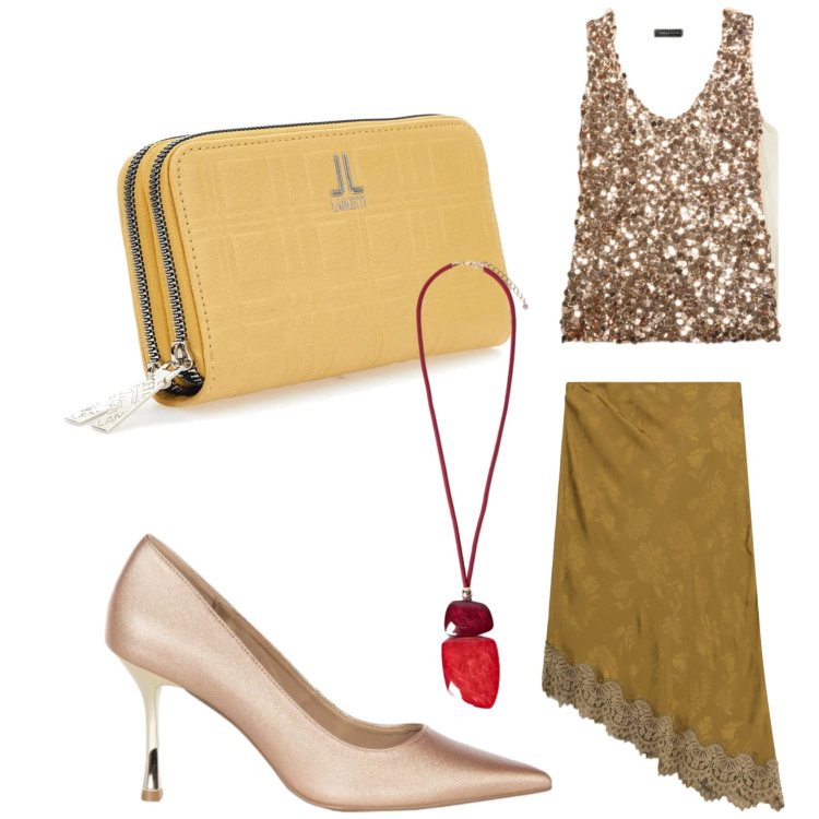 Outfit donna - Friday night. Stile Glamour per Serata fuori. Abbinamento con gonne longuette, décolleté, top, ciondoli, portafogli.